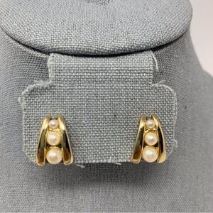 Gold Tone Graduated Triple Faux Pearl Stud Earrings